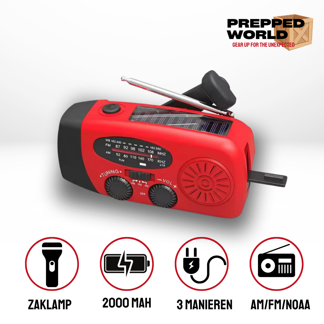 Prepped World™ - Noodradio - Noodpakket - Solar Opwindbare Noodradio - Powerbank op Zonne-energie - Draagbare Radio - Praktisch en Betrouwbaar