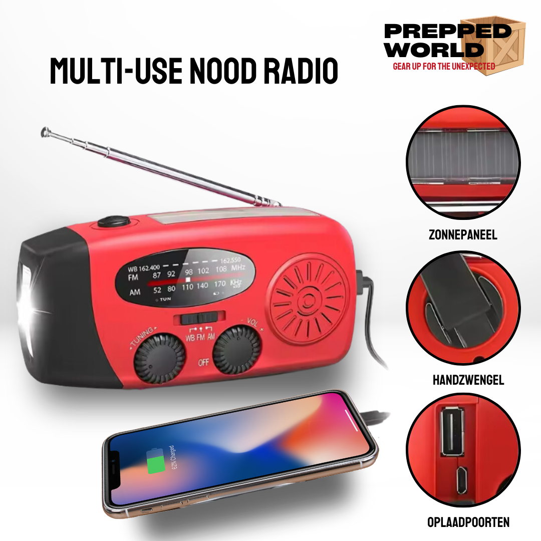 Prepped World™ - Noodradio - Noodpakket - Solar Opwindbare Noodradio - Powerbank op Zonne-energie - Draagbare Radio - Praktisch en Betrouwbaar